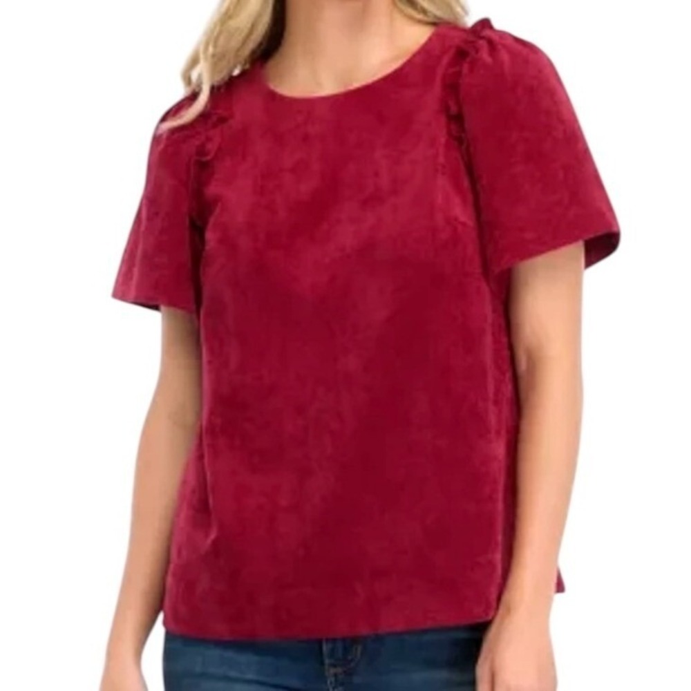 Crown & Ivy Blouse‎ Womens XL Red Corduroy Ruffle Shoulder Flutter Sleeve Top